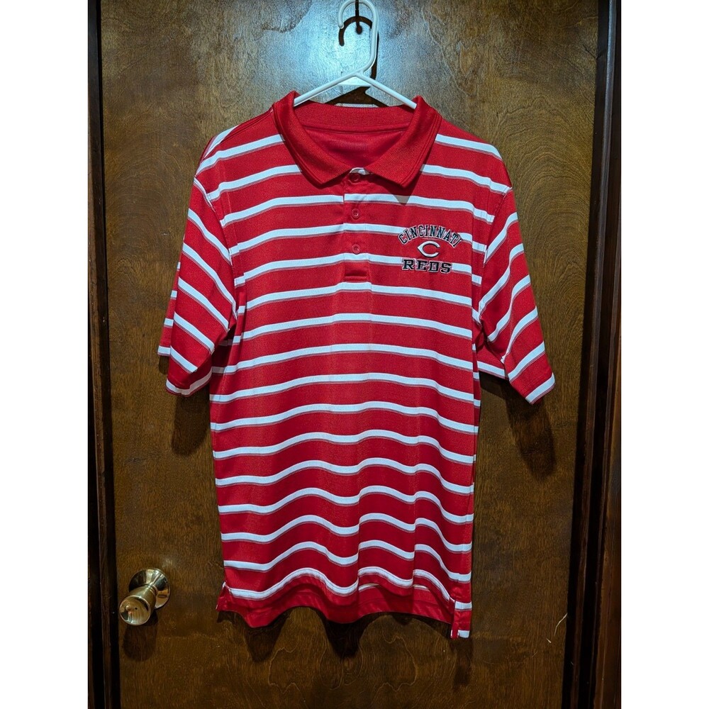 MLB Cincinnati Reds Baseball Team Mens Polo - Red & White Striped Shirt Size Lg